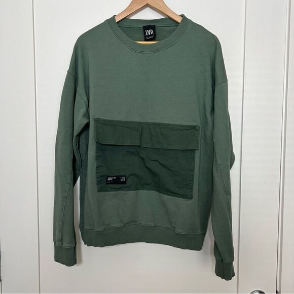 Zara Sweatshirt Pullover Size L Large Green Front Pocket Crew Neck Cotton - Picture 1 of 13